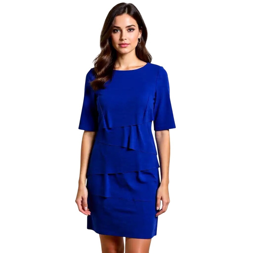 Tahari Arthur S. Levine Royal Blue‎ Tiered Sheath Dress Elbow Sleeve Size 6 NEW